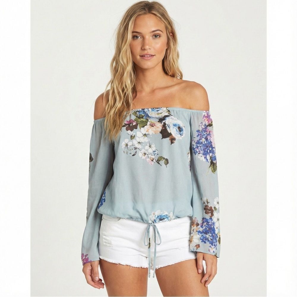 Lavender Brown Floral Off the Shoulder Blouse Small NWT Blue Chiffon Boho